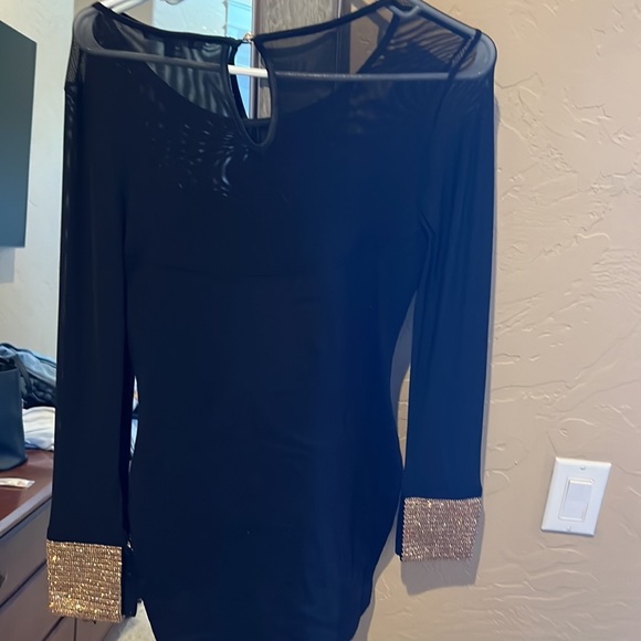 Black Mesh / Fabric Dress. With Gold Beaded Cuffs - Picture 4 of 7